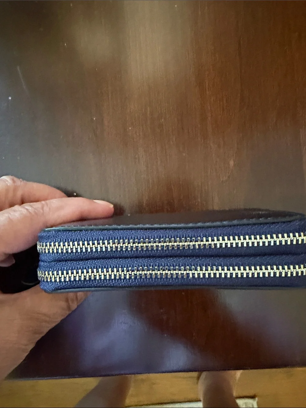 Coach Navy Blue Textured Leather 2 Zip Wallet with Gold Logo